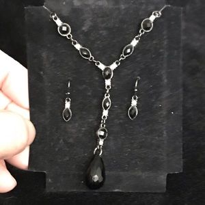 Jet and Rhinestone Y-Necklace/Earring Set